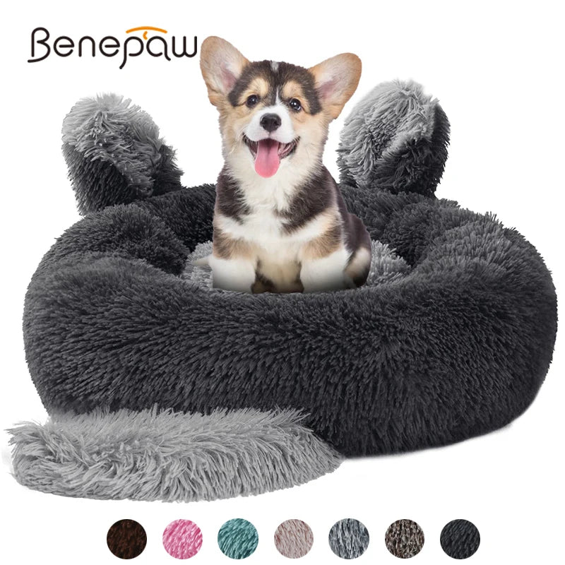 Benepaw Plush Cat Dog Bed Calming Round Donut Pet Bed for Small Medium Dogs Anti Anxiety Fluffy Washable Puppy Cushion Anti-Slip