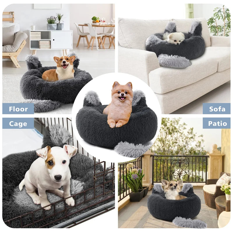 Benepaw Plush Cat Dog Bed Calming Round Donut Pet Bed for Small Medium Dogs Anti Anxiety Fluffy Washable Puppy Cushion Anti-Slip